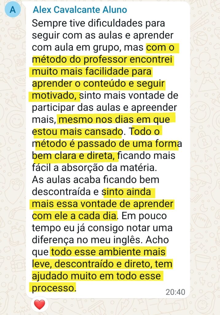 Depoimento do aluno Alex Cavalcante sobre a facilidade de aprendizado, motivação e o ambiente leve e direto do método English on the Go.