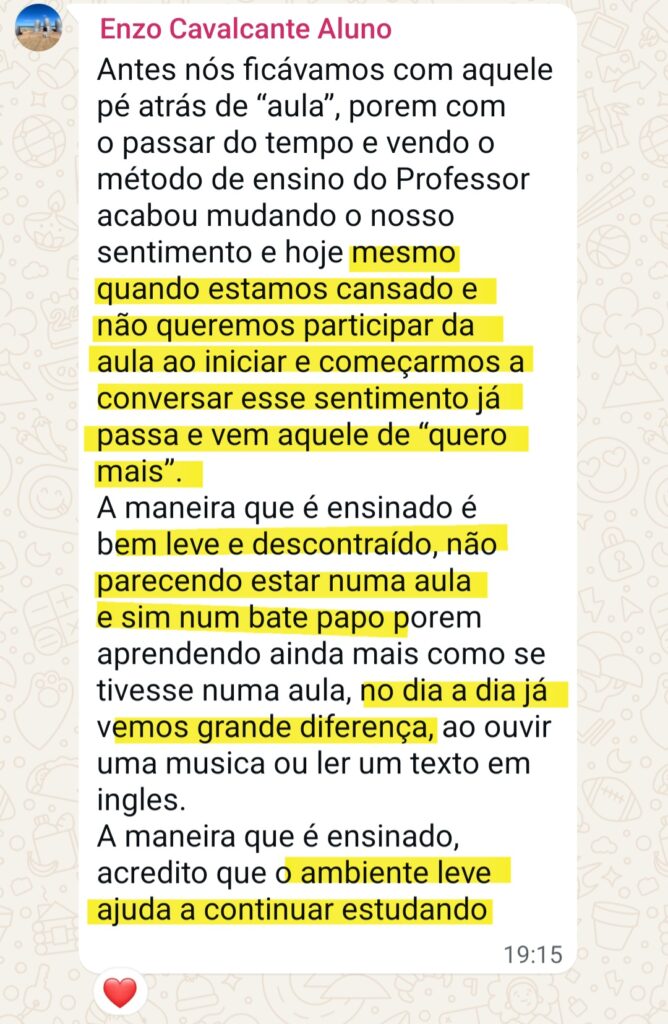 Enzo, aluno superando o cansaço da rotina com aulas leves